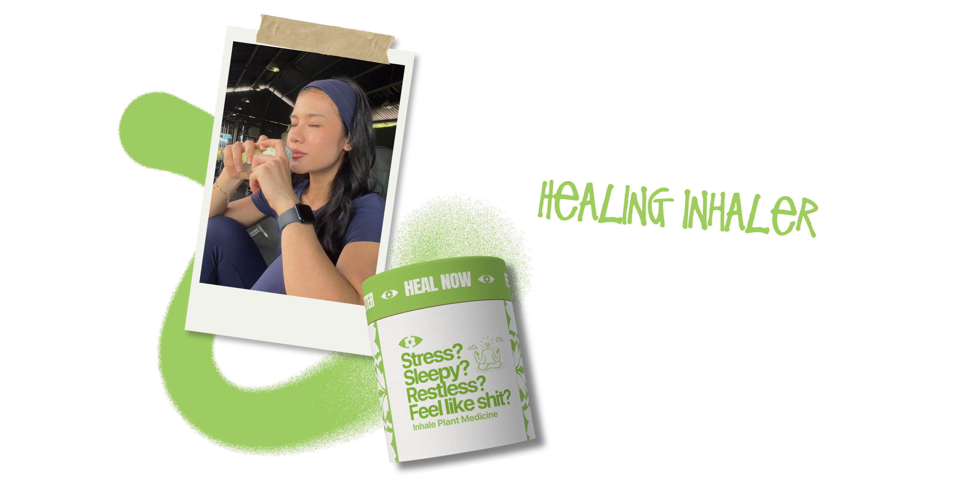Herblunt Healing Inhaler packaging with a woman using an inhaler and green text on a white background