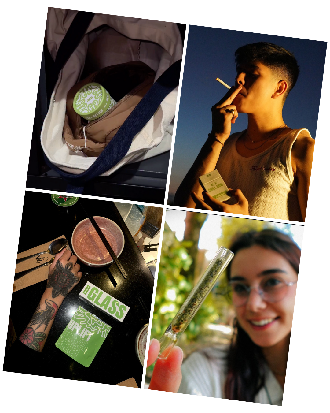 Collage of images featuring a person smoking, a product close-up, and a glass with a straw. This is herblunt healing