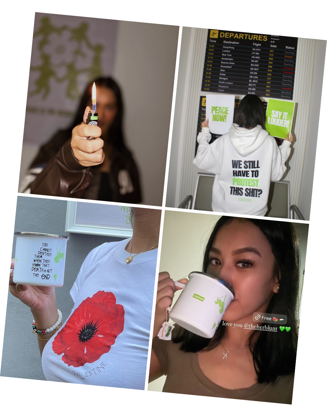 Collage of four images featuring a person with a lit candle, holding a sign, wearing a shirt with a poppy design, and drinking from a cup. This is by herblunt voice