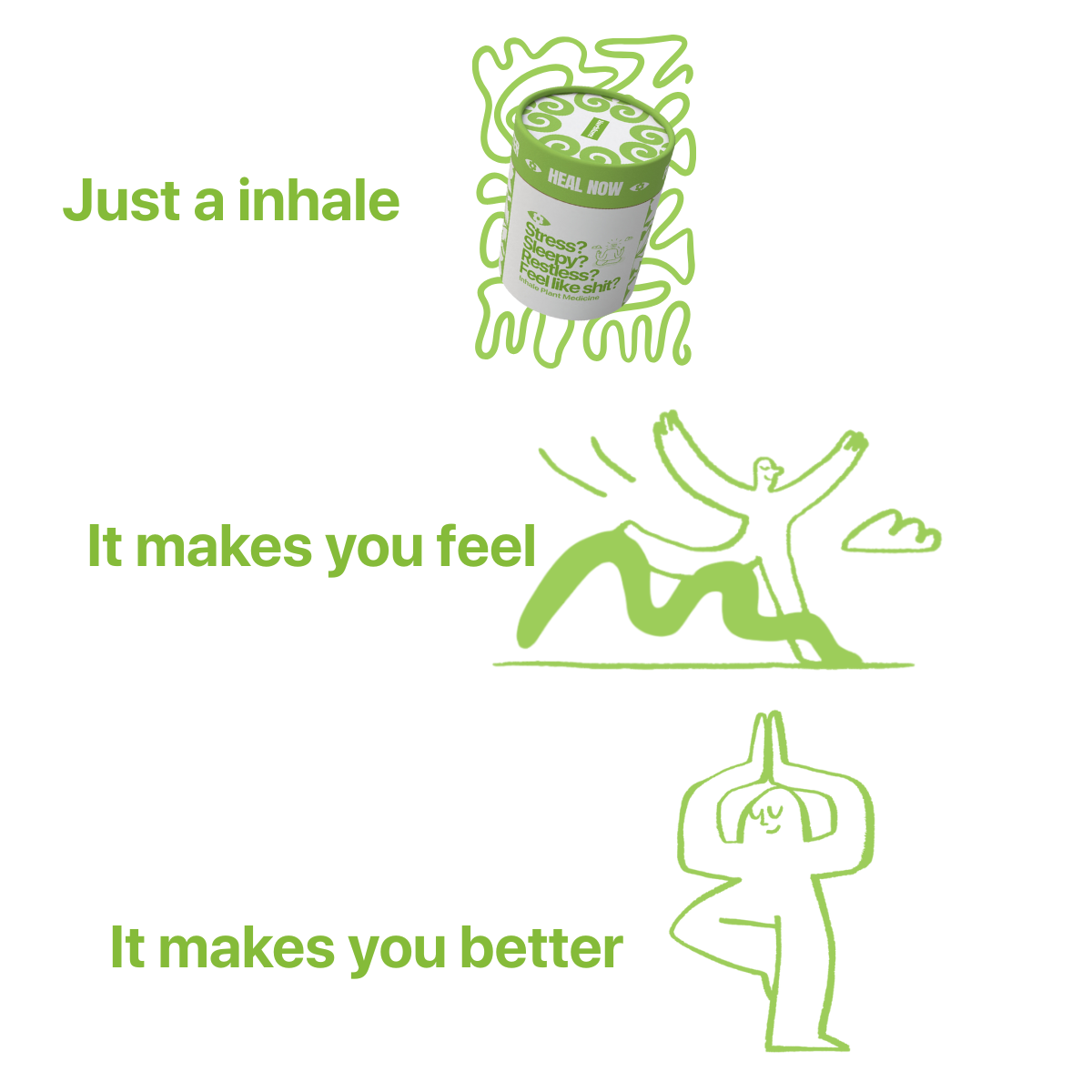 Herblunt healing inhaler effects Illustration with text and a product container on a white background