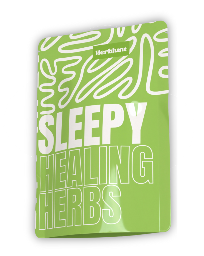 Green packaging of 'Sleepy Healing Herbs' by Herblunt with white text on a white background