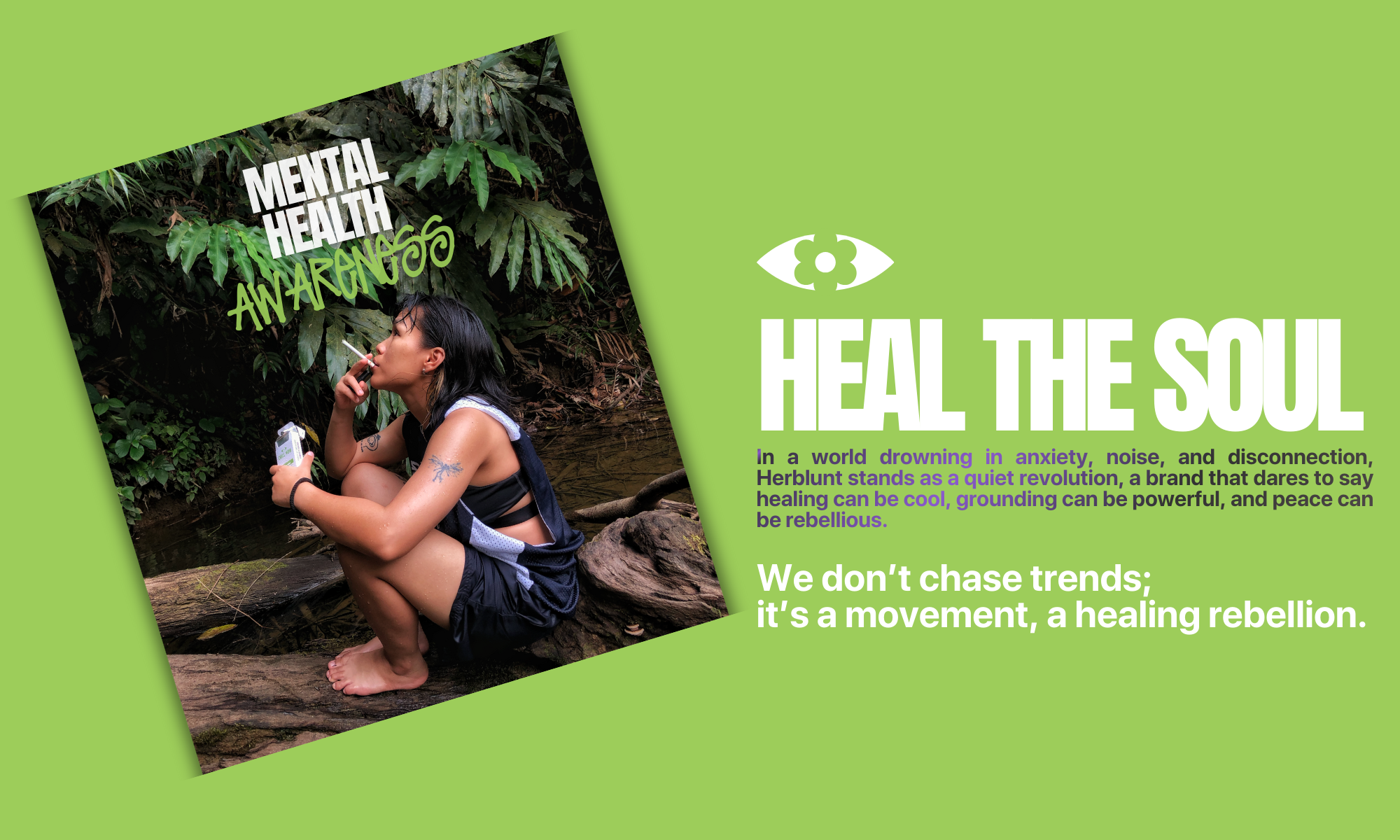 Person sitting on a rock with nature background and text about mental health awareness and healing.